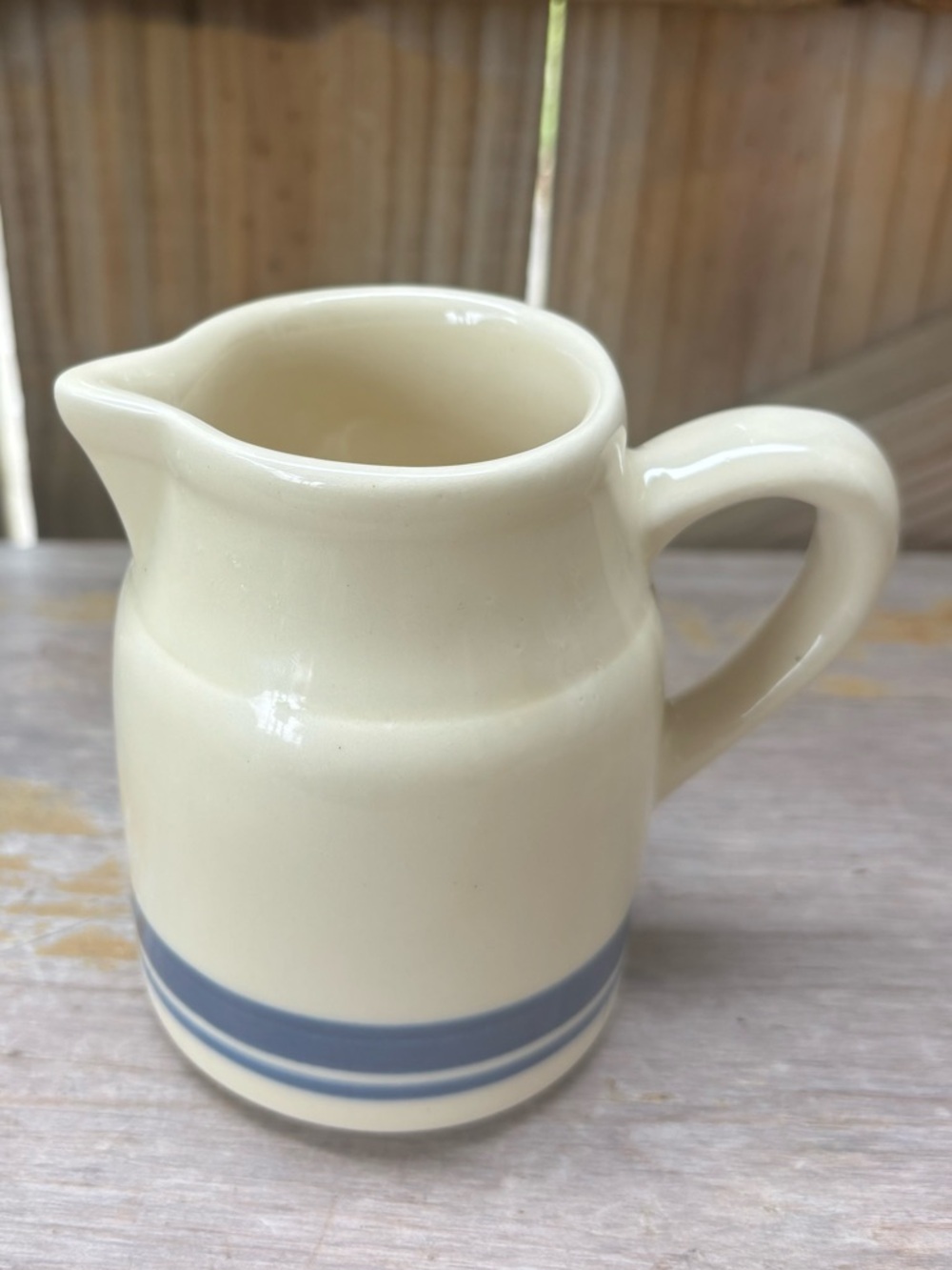 Friendship Pottery Roseville OH Blue Banded Stoneware Cream Pitcher 4”H